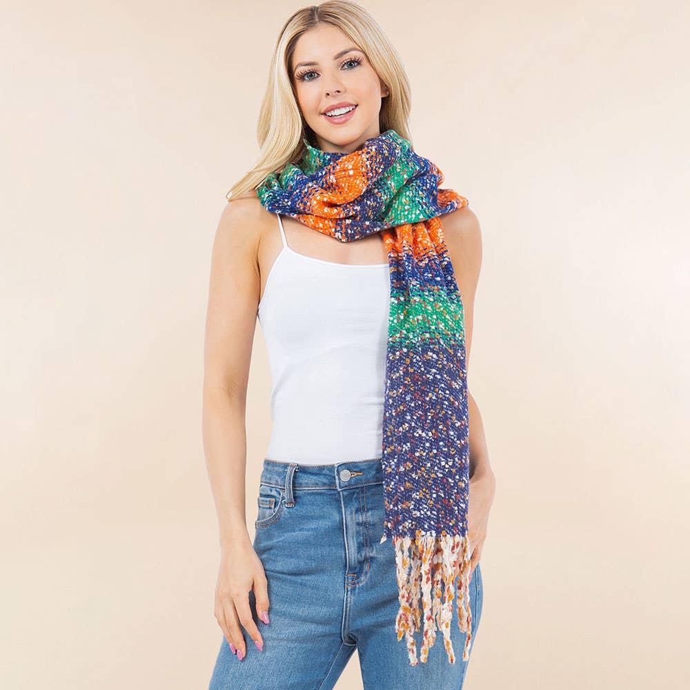 Oversized Cozy Fringed Hem Textured Woven Color Block Scarf