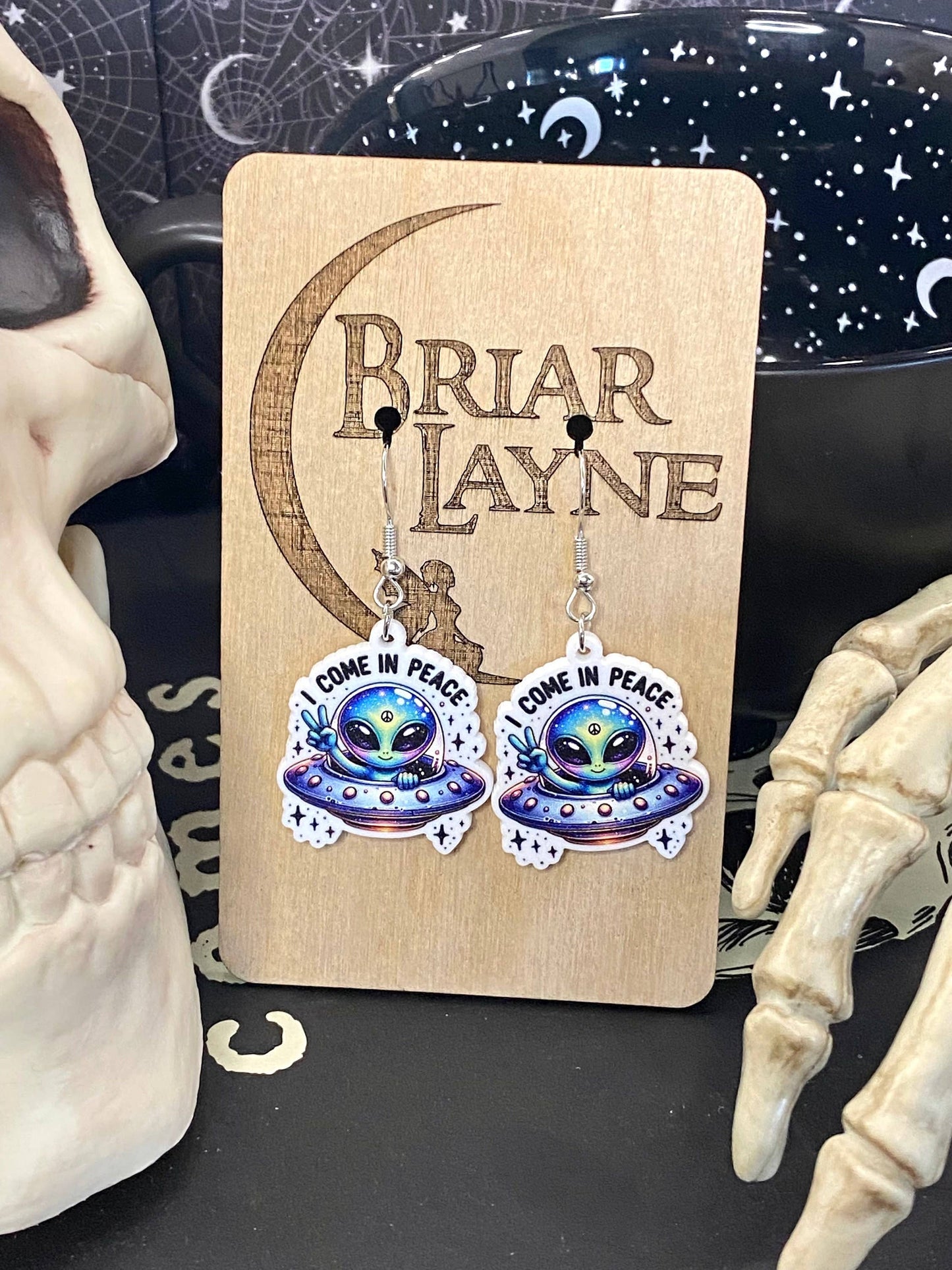 Alien Sci-Fi Book Earrings "I Come In Peace