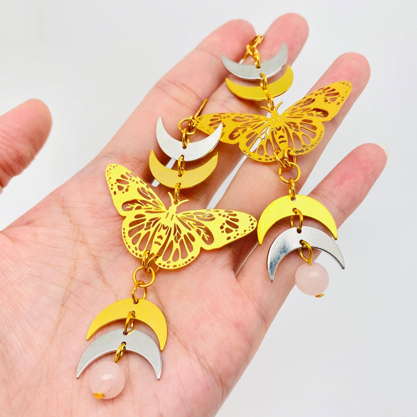Golden Silver Moon Hollow Moth Charm Earrings