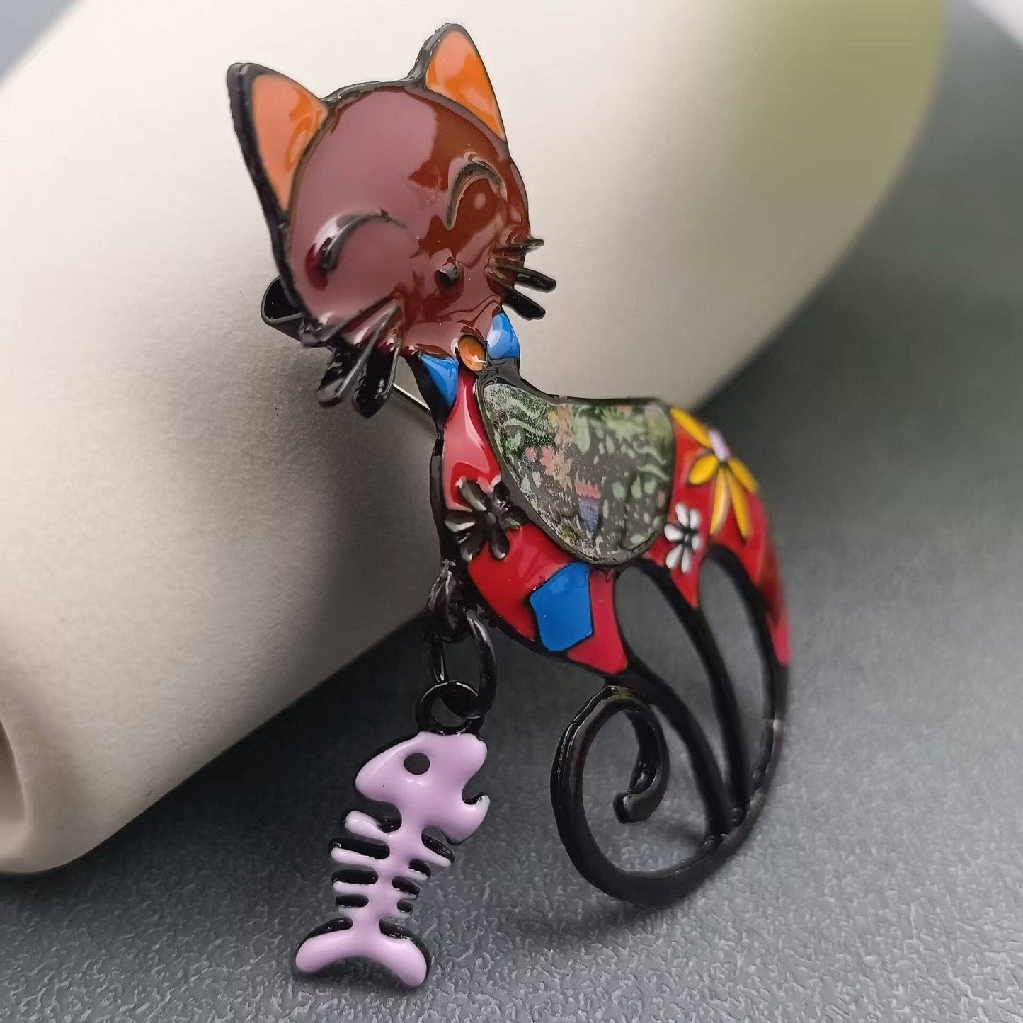 Enamel Fishbone Charm Cat Brooch