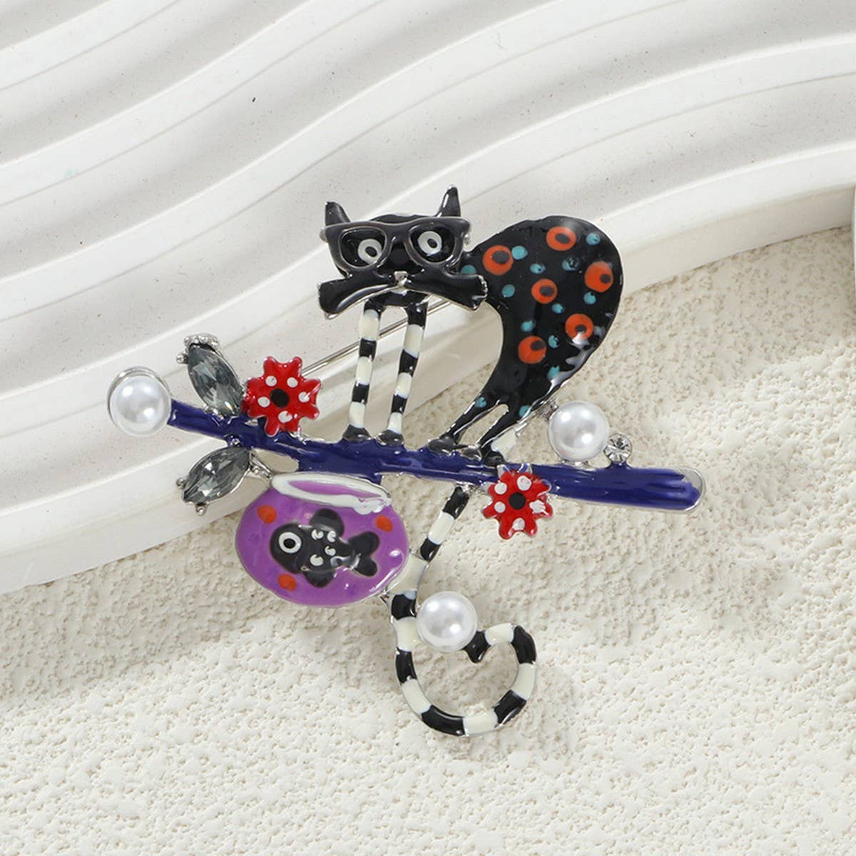 Cat and monkey enamel brooch/pin