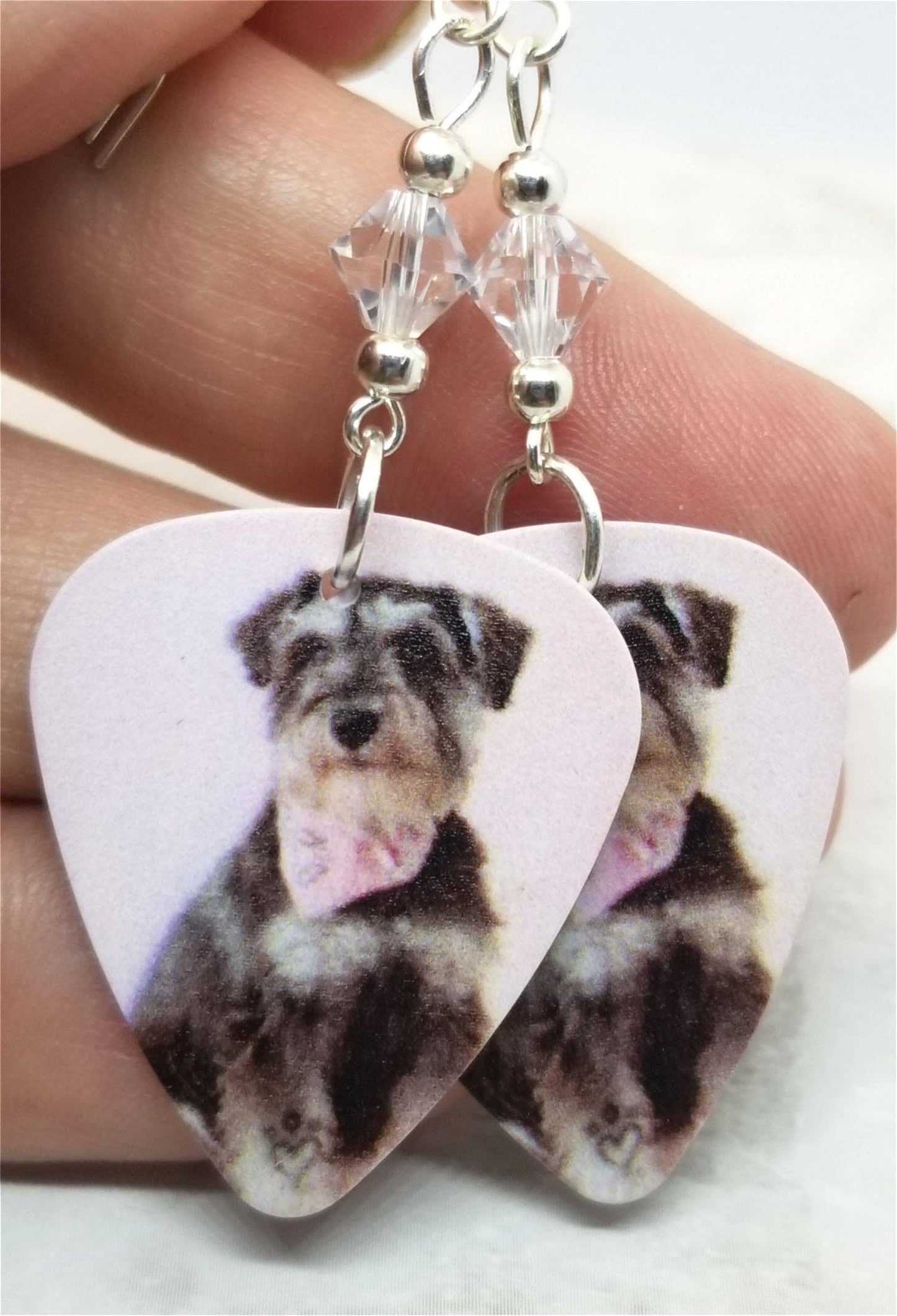 Schnauzer with a Bandanna Guitar Pick Earrings with Clear Sw
