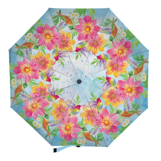 Colorful Humming Bird and Flowers Compact Manual Umbrella
