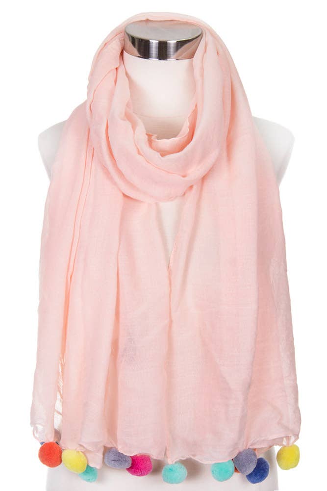 Solid Pom Pom Edge Trim Solid Oblong Scarf