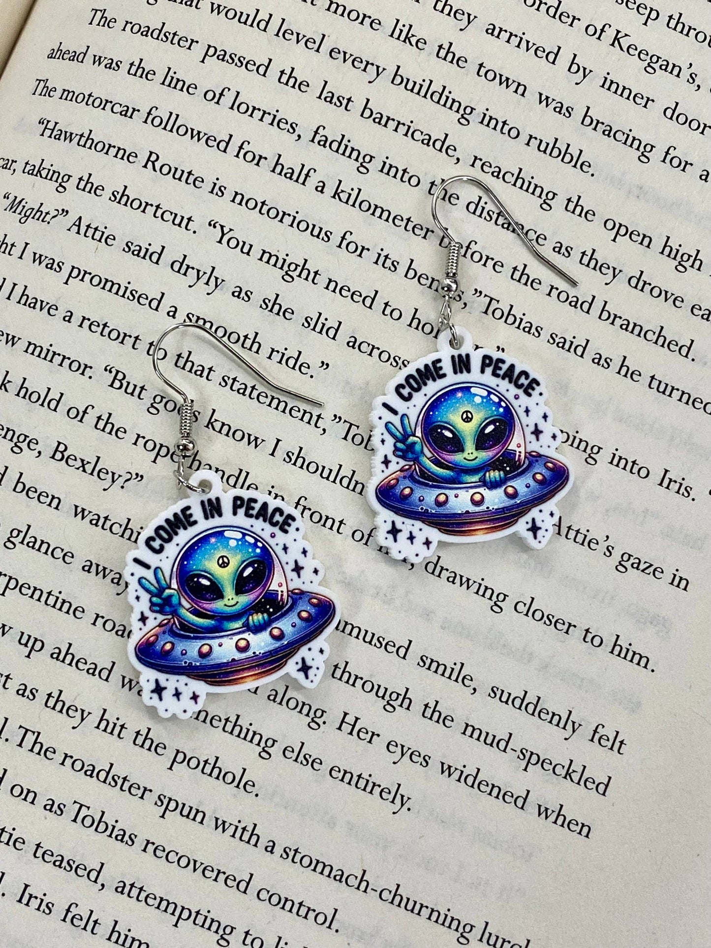 Alien Sci-Fi Book Earrings "I Come In Peace