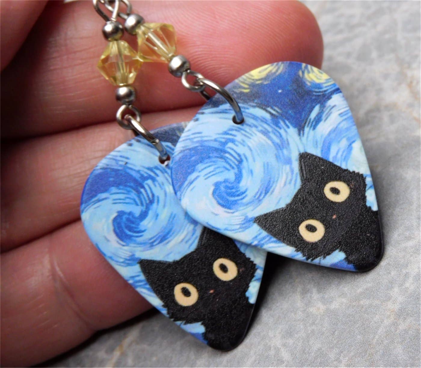 Wide Eyed Starry Night Black Cat Guitar Pick Earrings