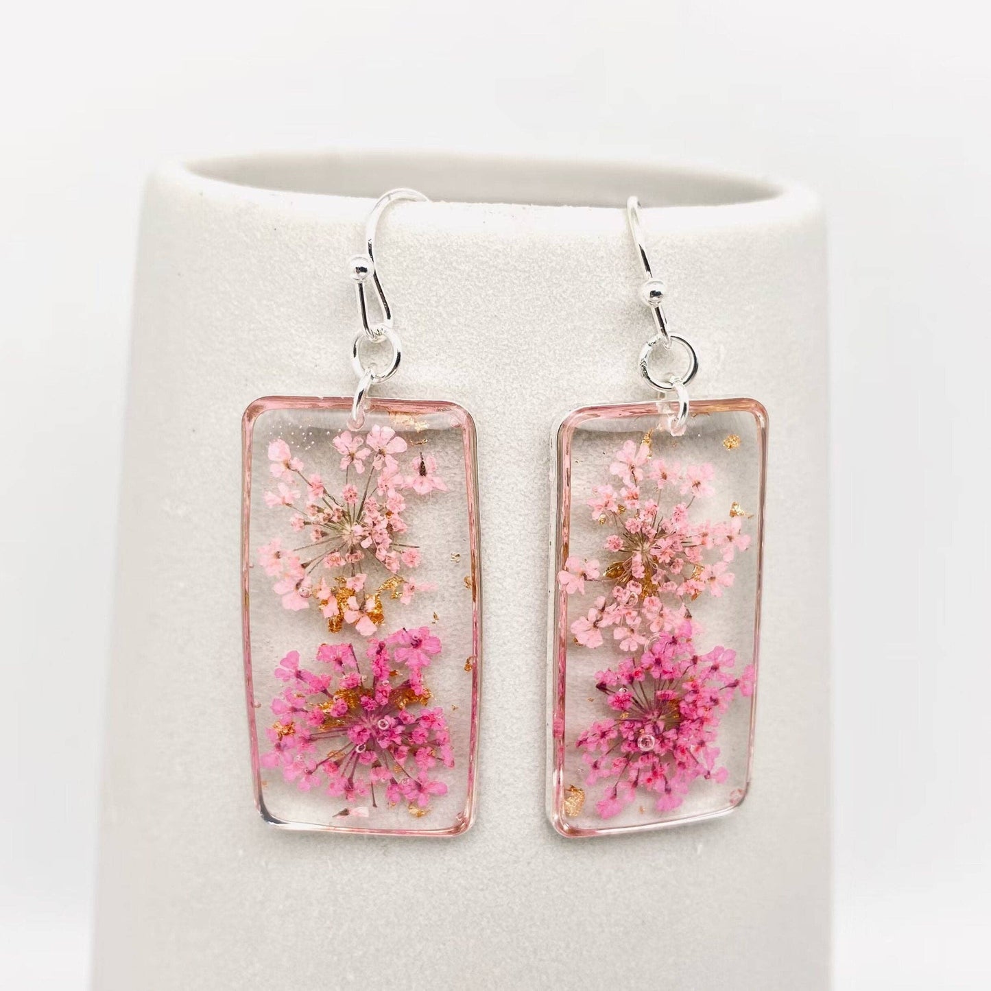 Dried Flower Queen Anne's Lace Rectangular Earrings
