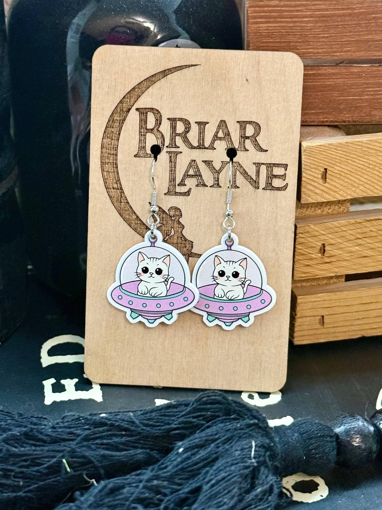 Space Cat and Spaceship Earrings for Booklovers