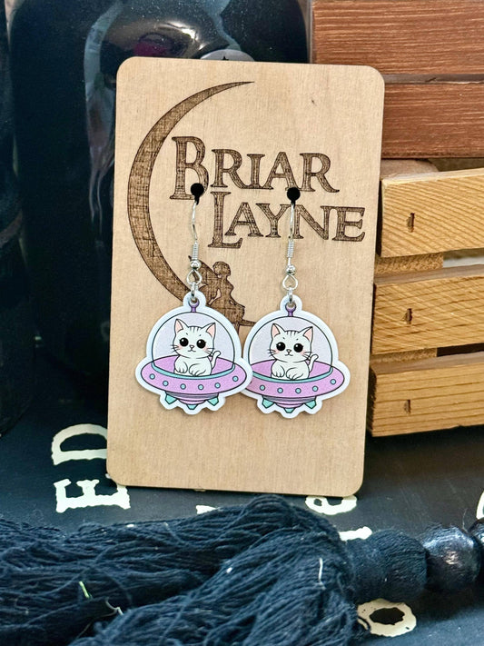 Space Cat and Spaceship Earrings for Booklovers