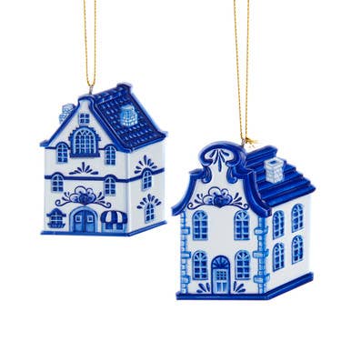 Blue & White House Ornaments, 3 Assorted