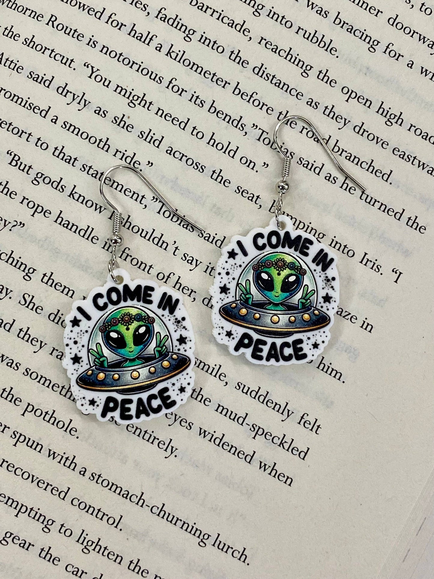 Alien Sci-Fi Book Earrings "I Come In Peace
