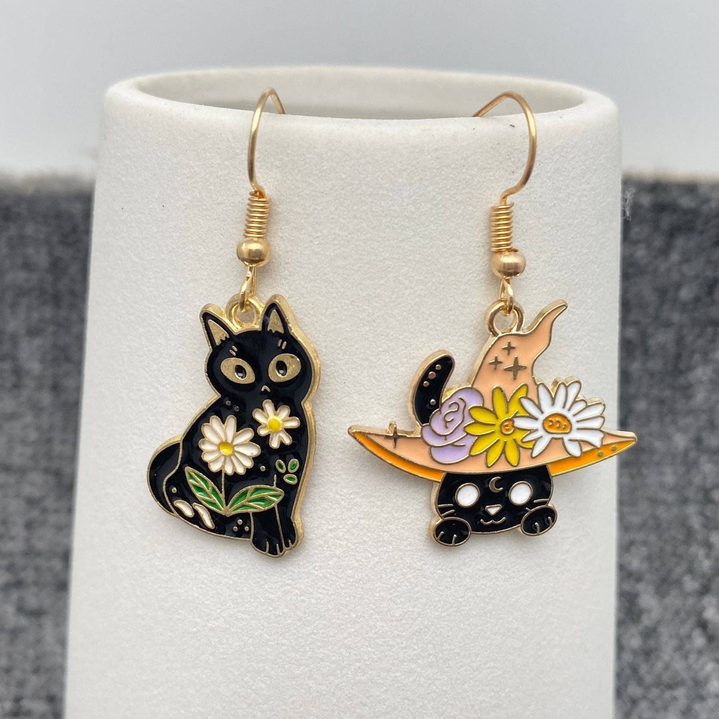 Multi Style Enamel Flower & Magic Cat Dangle Earrings
