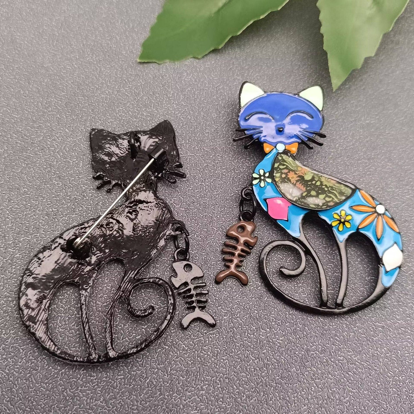 Enamel Fishbone Charm Cat Brooch