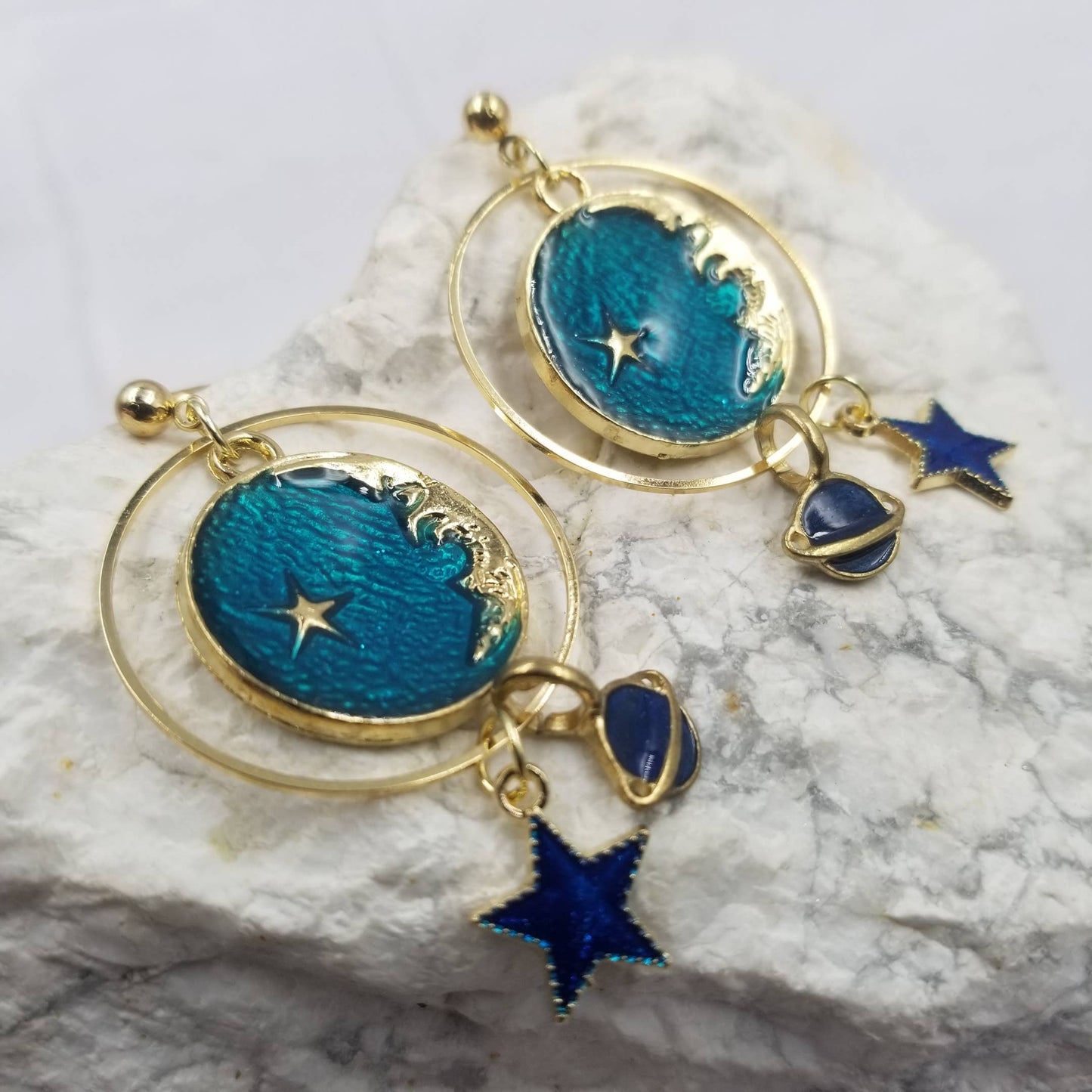 Blue Celestial Stars And Moon Earrings
