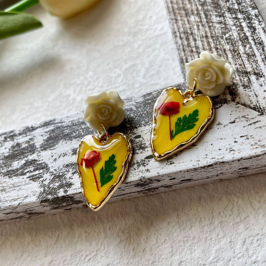 Vintage Yellow Rose & Heart Earrings