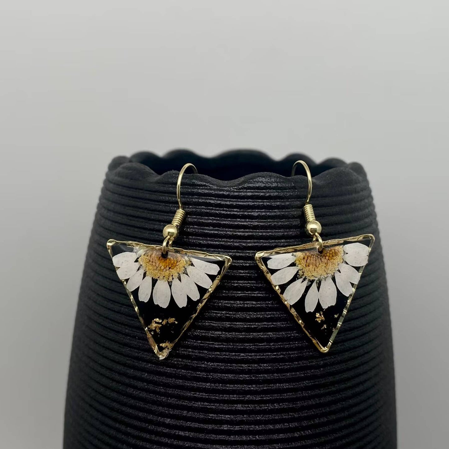 Chrysanthemum Dried Flower Black Triangle Earrings