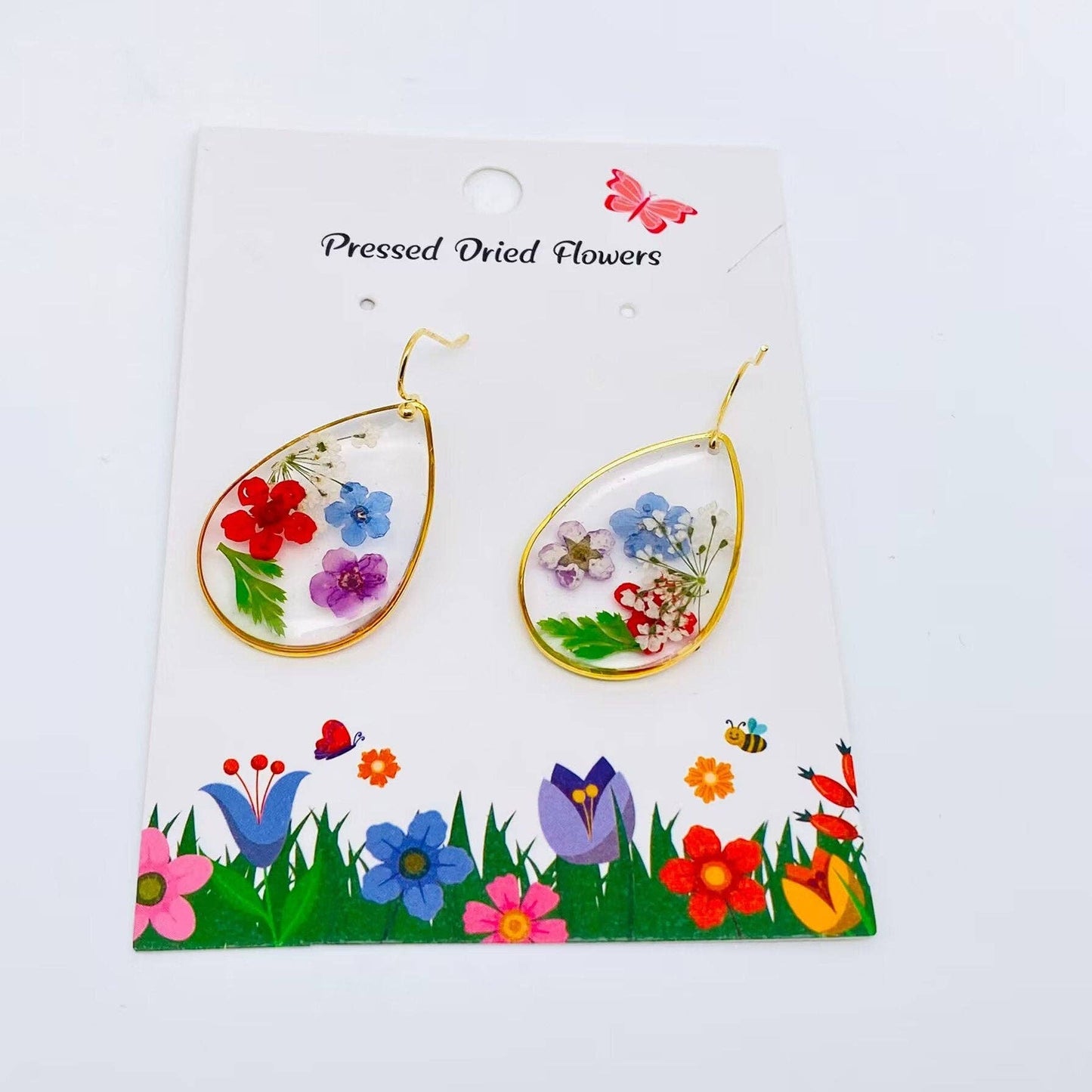 Forget-me-not Daffodil Dried Flower Teardrop Dangle Earrings