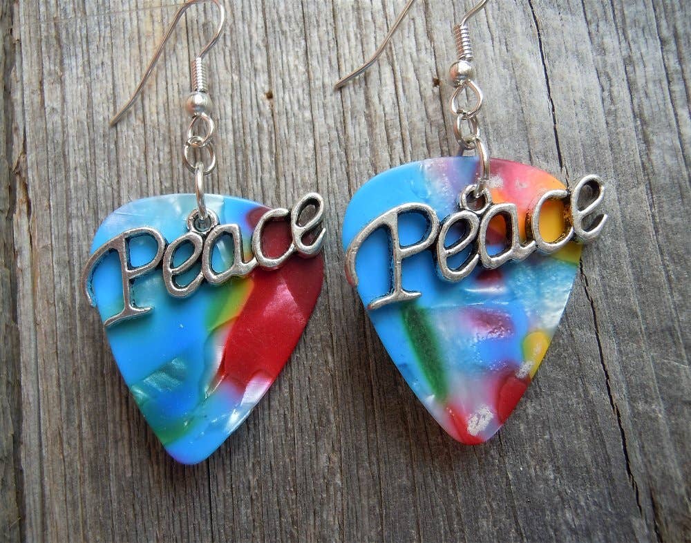 Peace Text Charm Guitar Pick Earrings