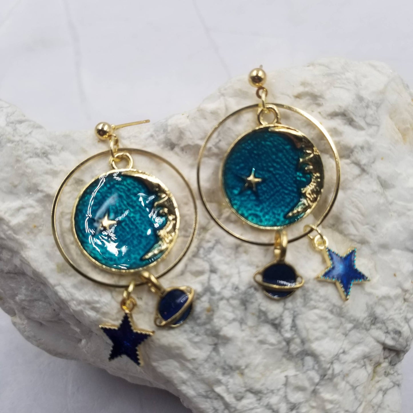 Blue Celestial Stars And Moon Earrings