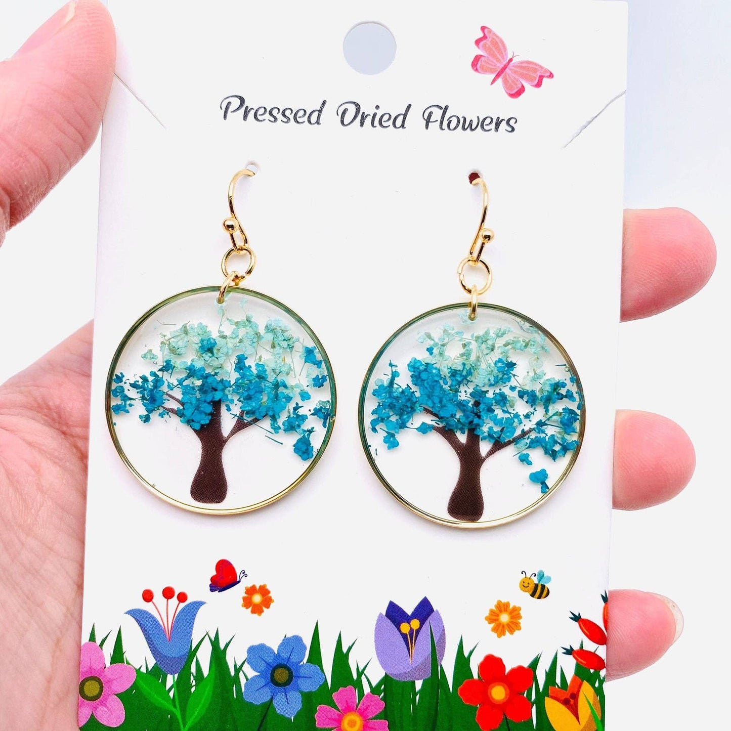 Tree of Life Dried Flowers Circular Charm Dangle Earrings