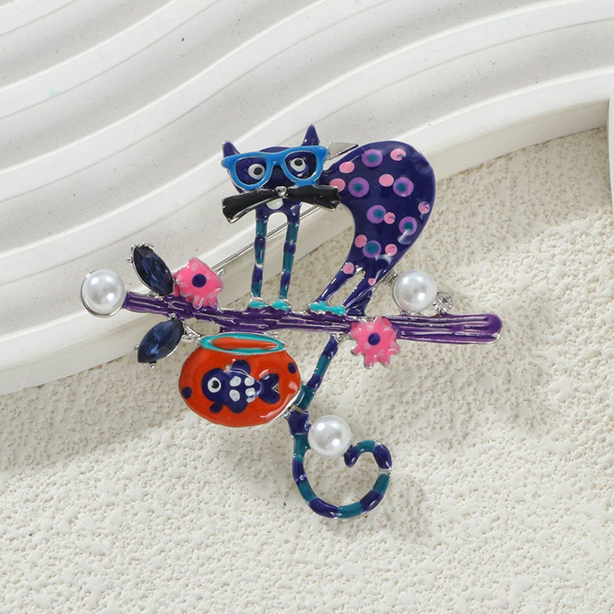 Cat and monkey enamel brooch/pin