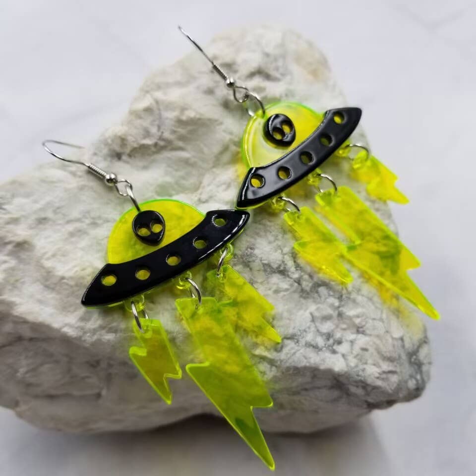 Ufo Alien Spaceship Lightning Bolt Earrings