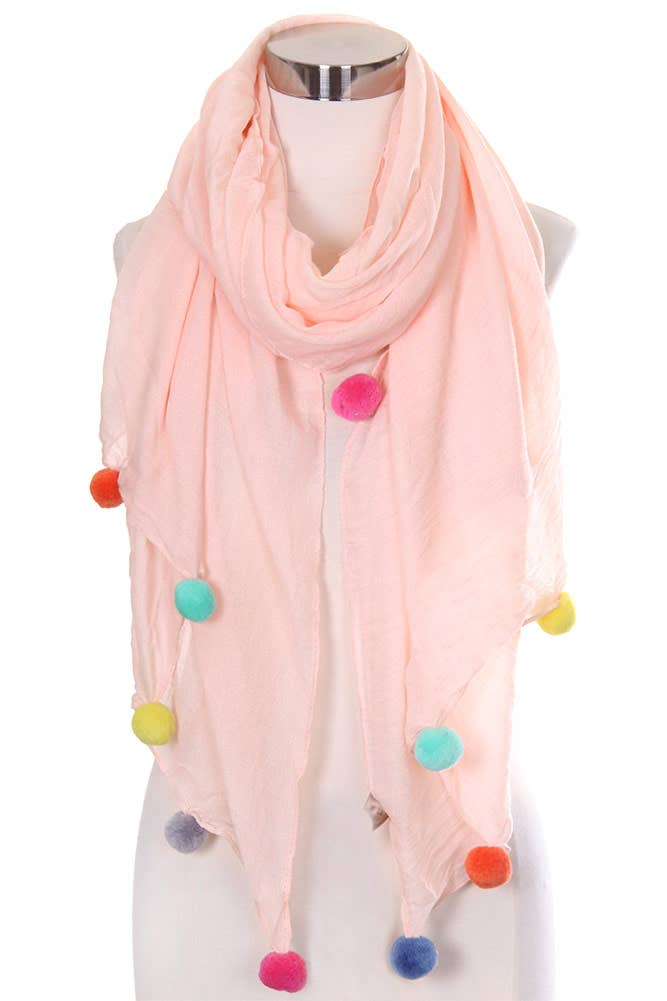Solid Pom Pom Edge Trim Solid Oblong Scarf