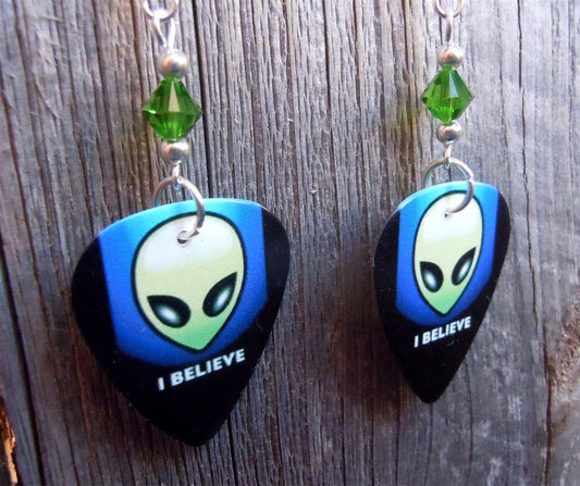 I Believe Alien Guitar Pick Earrings with Green Swarovskis