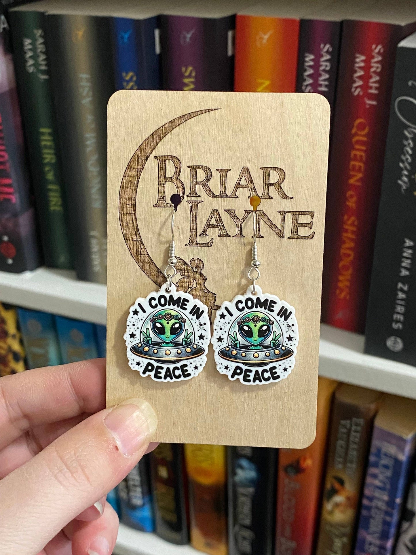 Alien Sci-Fi Book Earrings "I Come In Peace