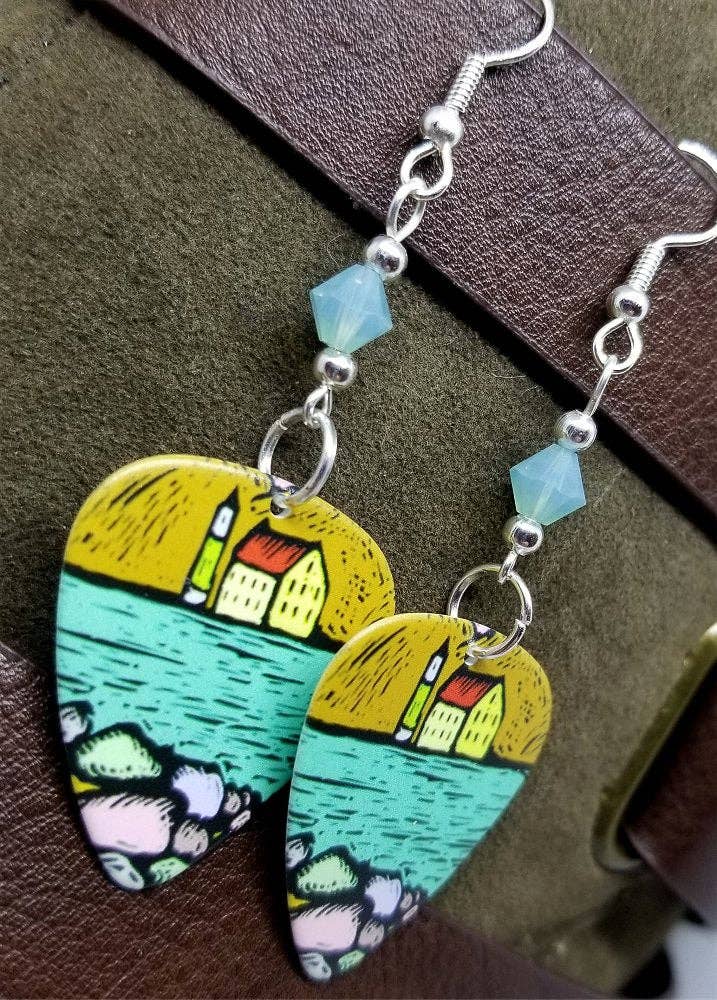 Lighthouse Over the Water Illustrated Guitar Pick Earrings