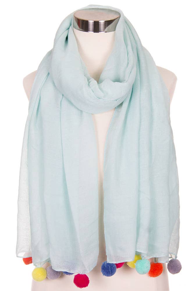 Solid Pom Pom Edge Trim Solid Oblong Scarf