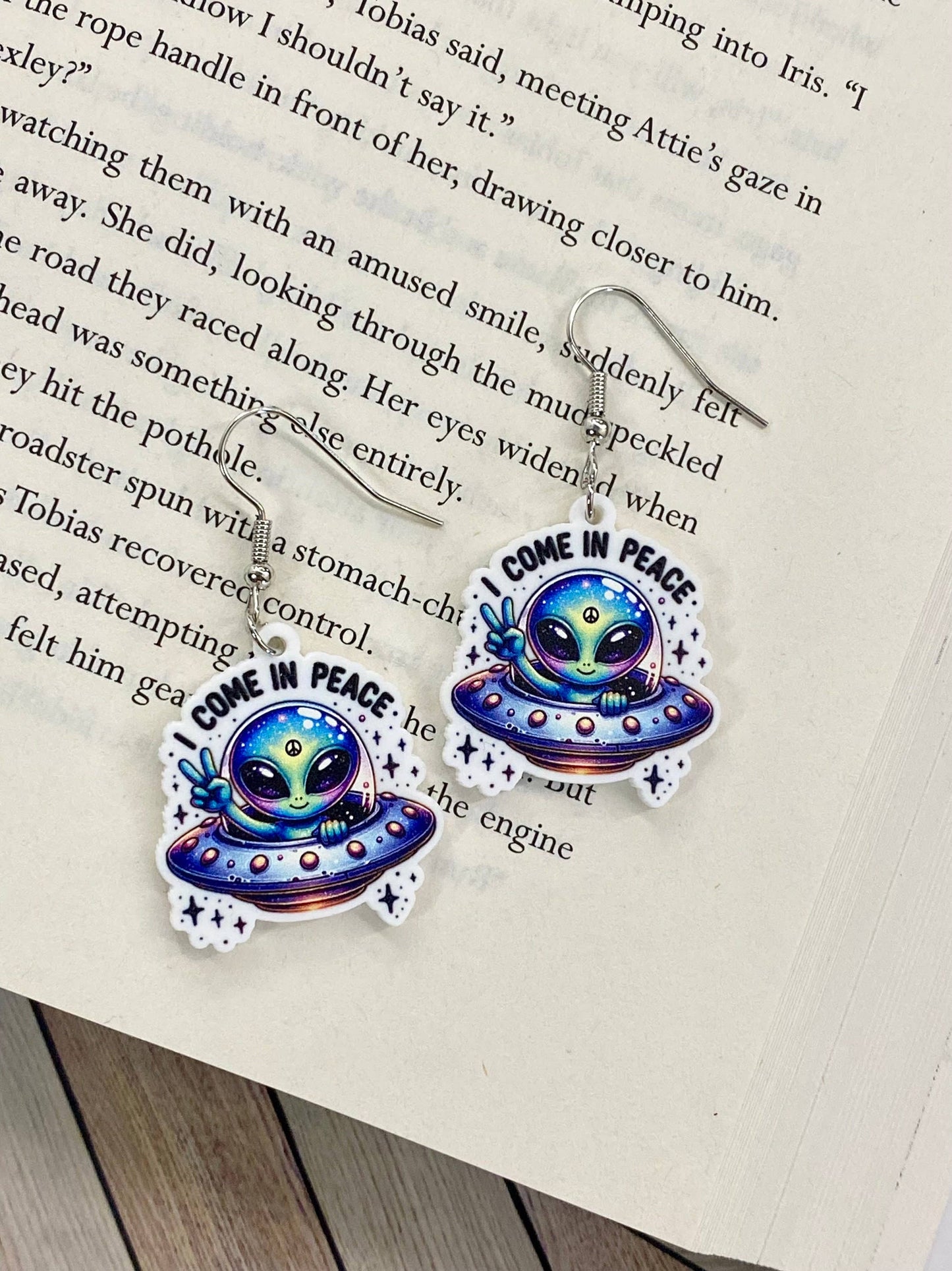 Alien Sci-Fi Book Earrings "I Come In Peace