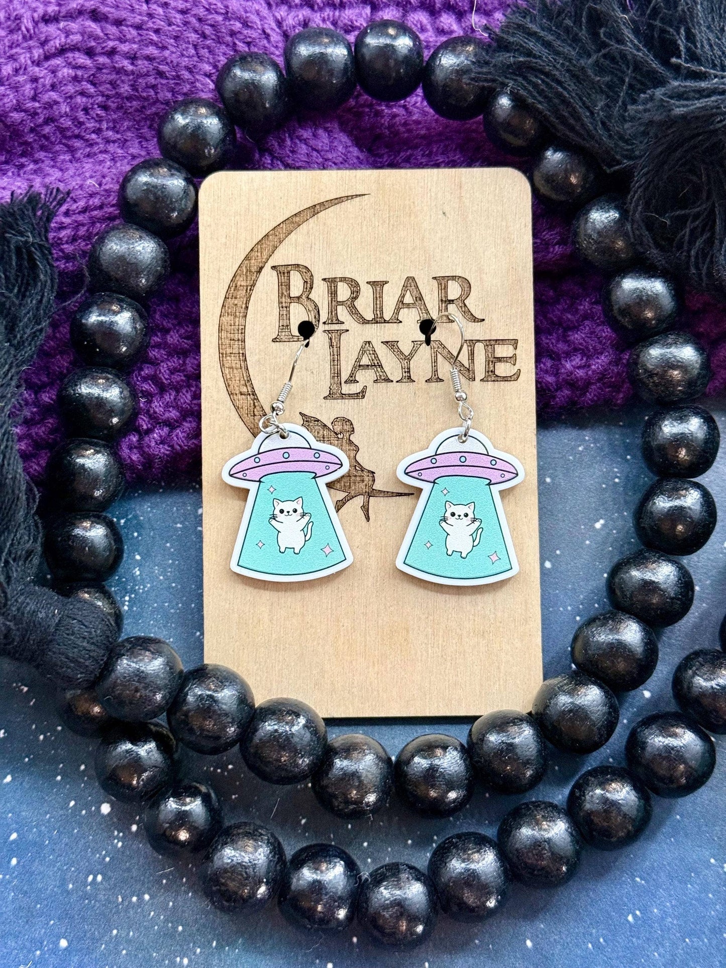 Space Cat and Spaceship Earrings for Booklovers