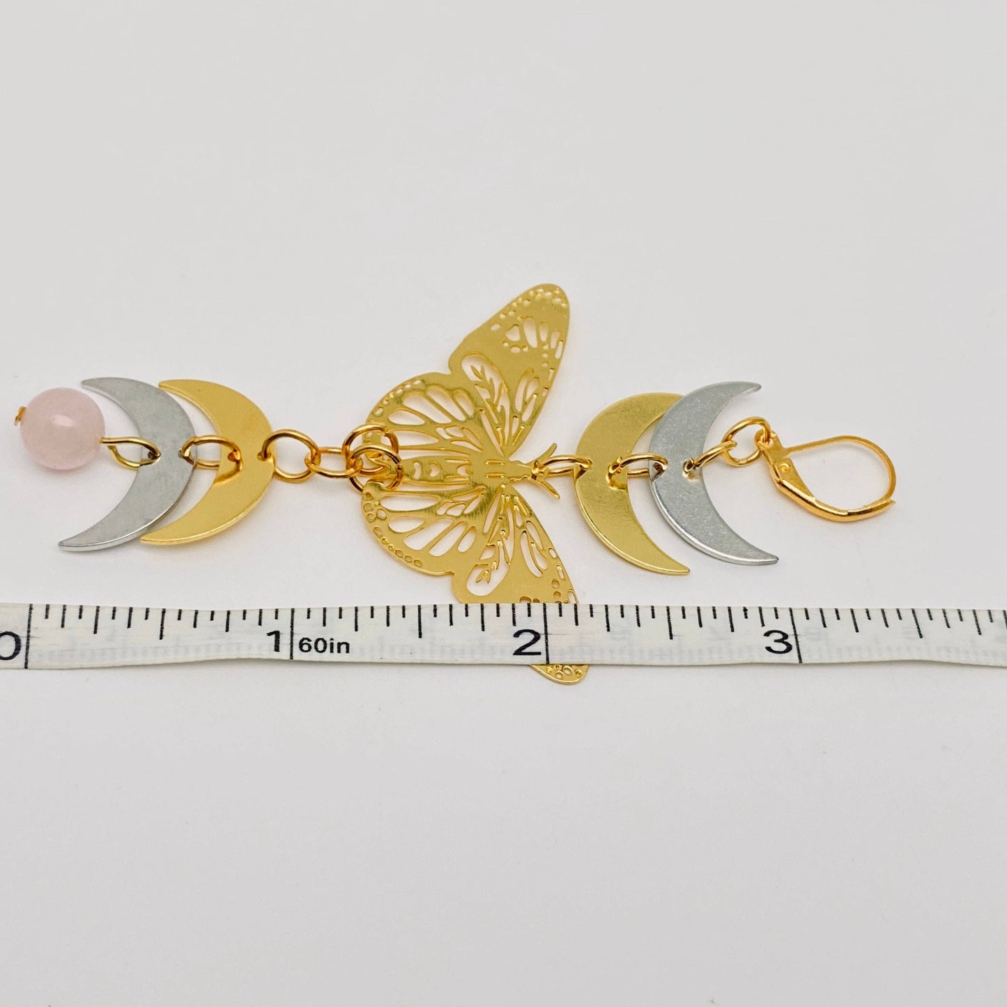 Golden Silver Moon Hollow Moth Charm Earrings