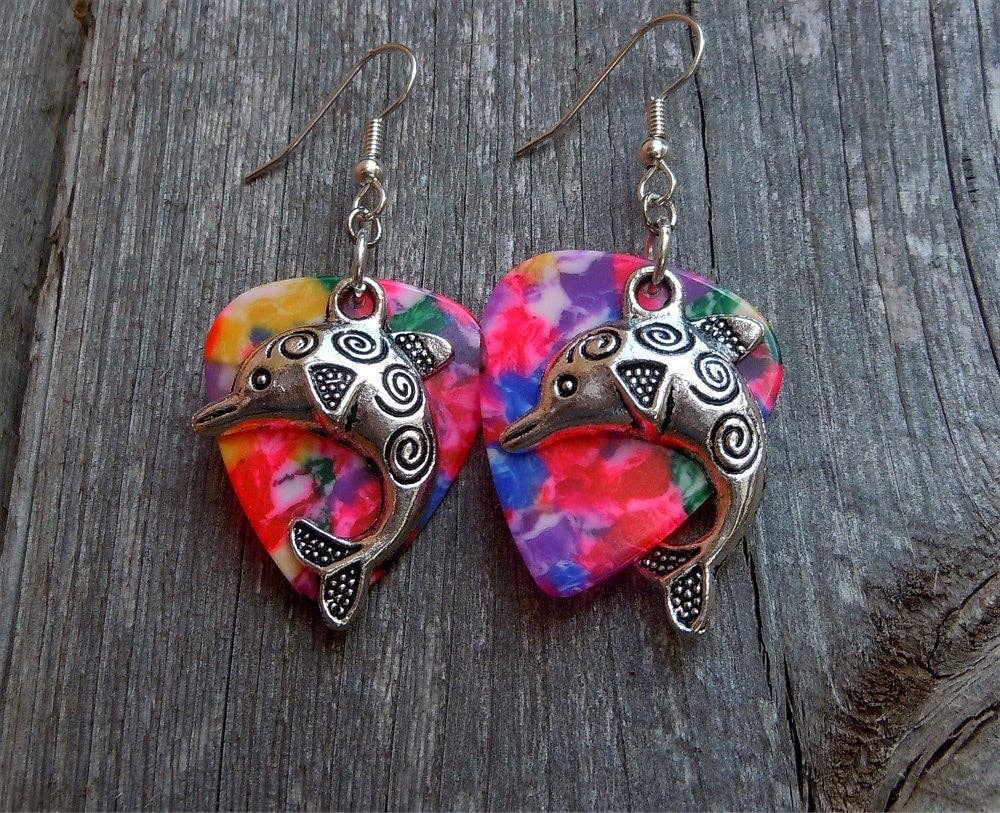 Dolphin Charm Guitar Pick Earrings