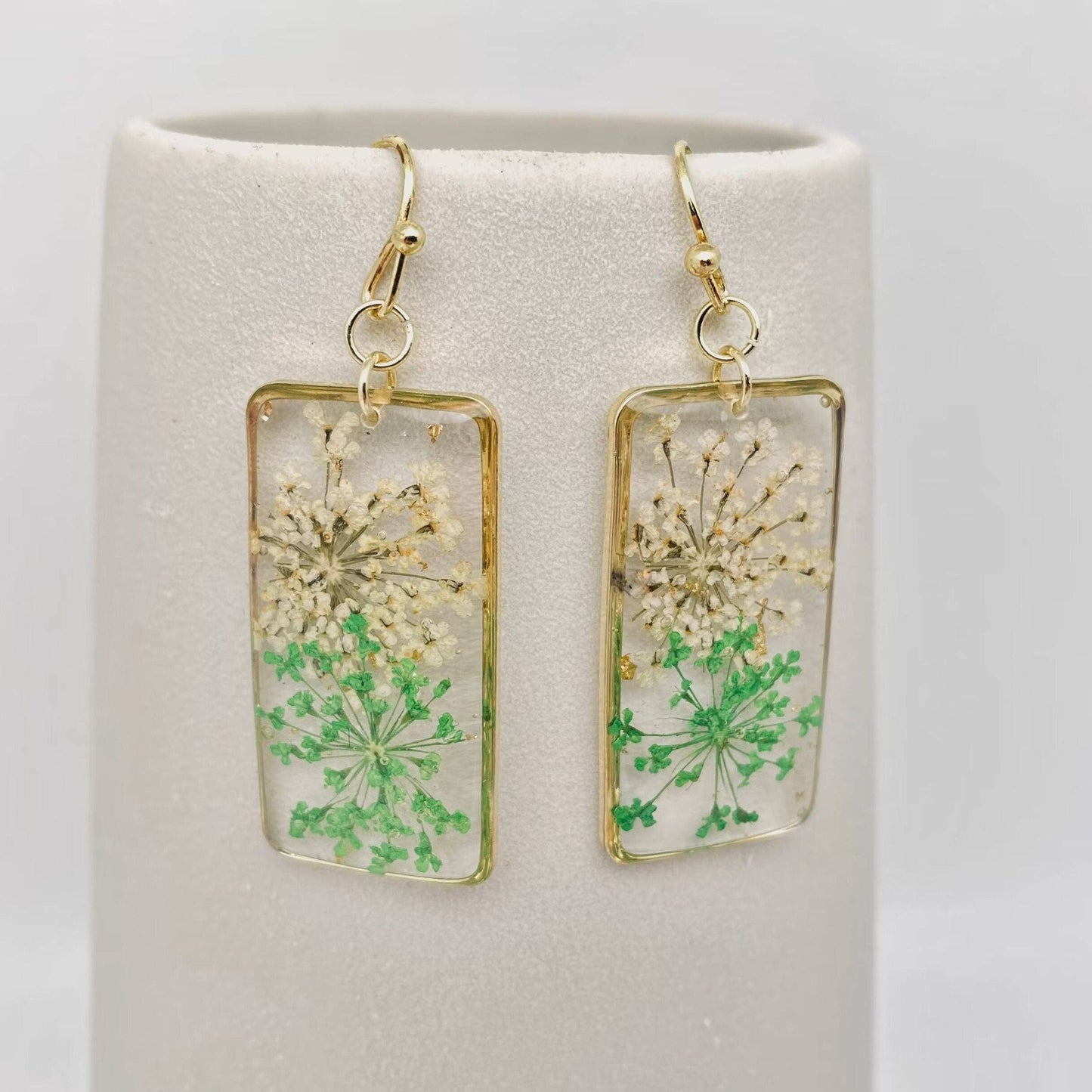 Dried Flower Queen Anne's Lace Rectangular Earrings