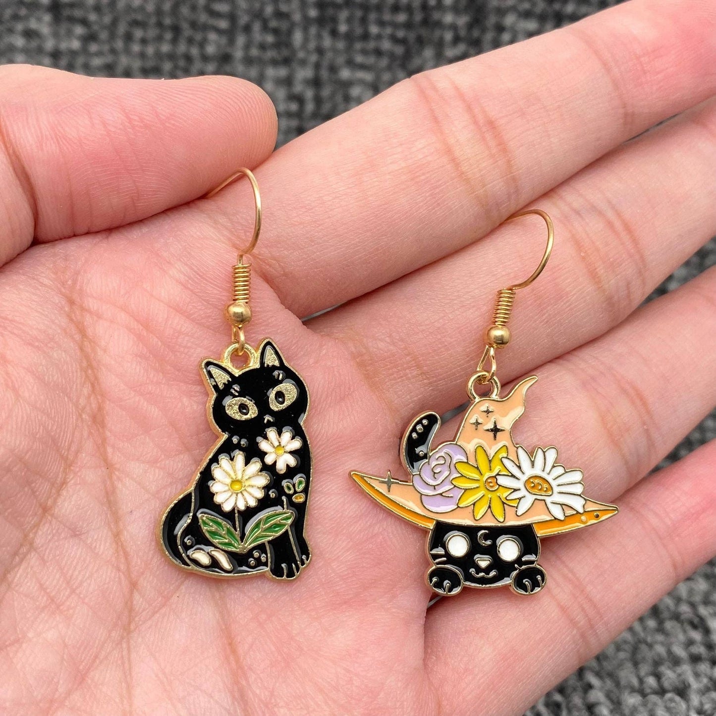 Multi Style Enamel Flower & Magic Cat Dangle Earrings