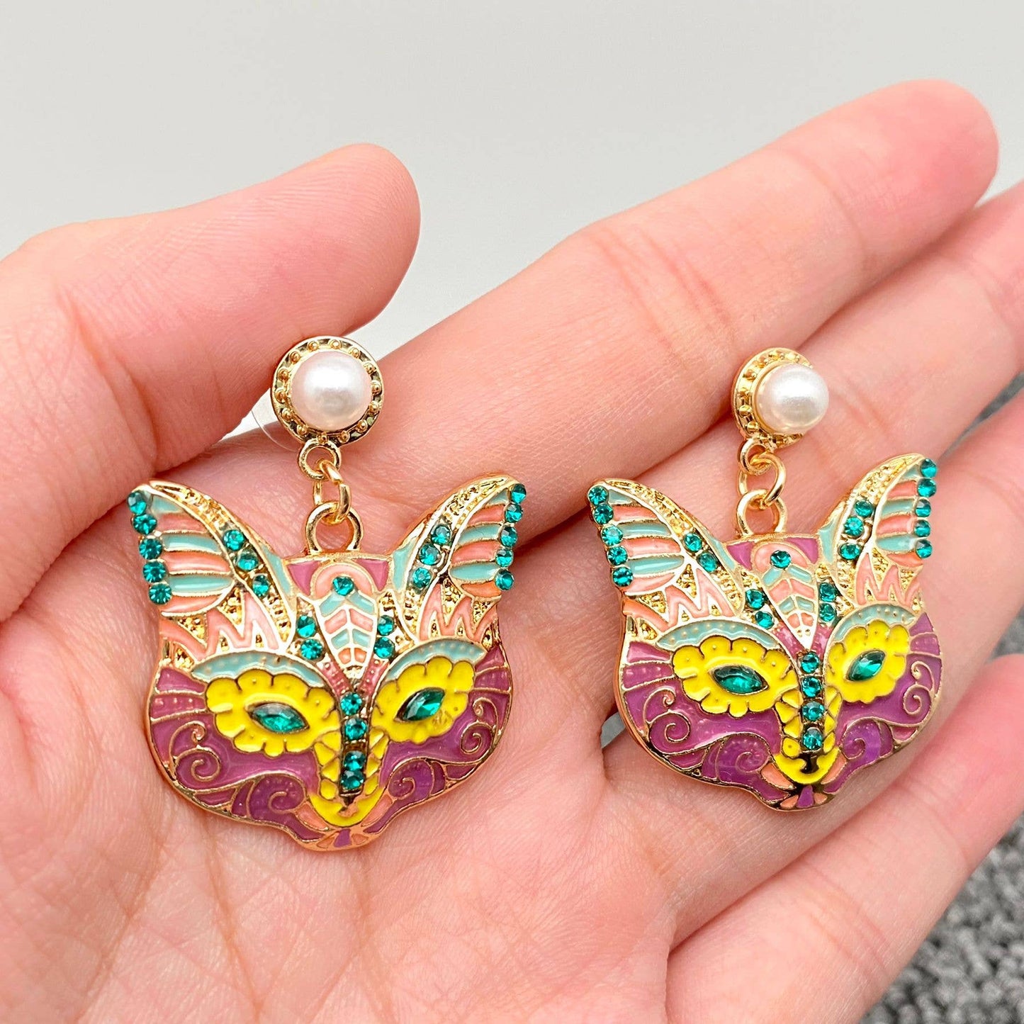 Colored Enamel Rhinestone Cat Head Post Earrings