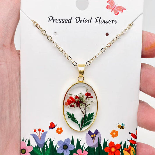 Pressed Dried Flowers Oval Pendant Necklace - PDF