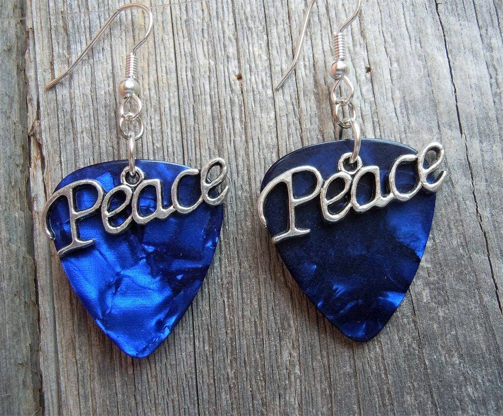Peace Text Charm Guitar Pick Earrings