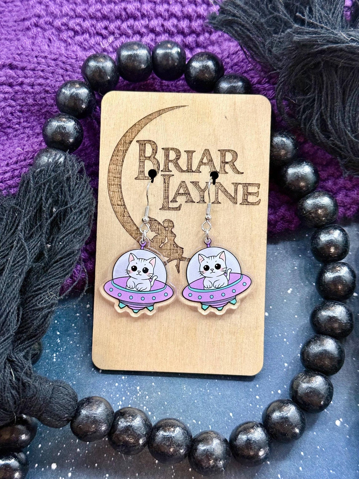 Space Cat and Spaceship Earrings for Booklovers