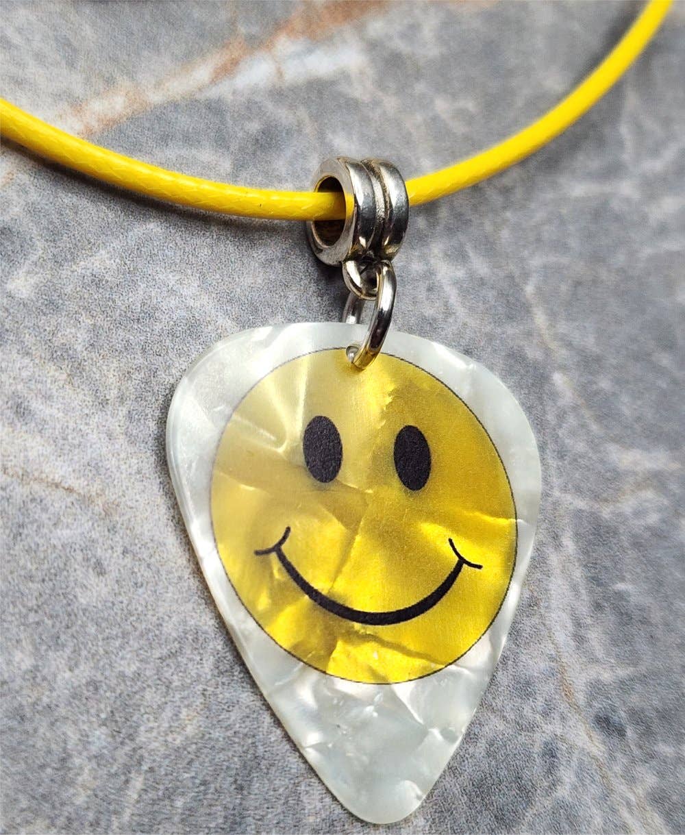 Smiley Face Emoji Guitar Pick Necklace on Yellow Rolled Cord