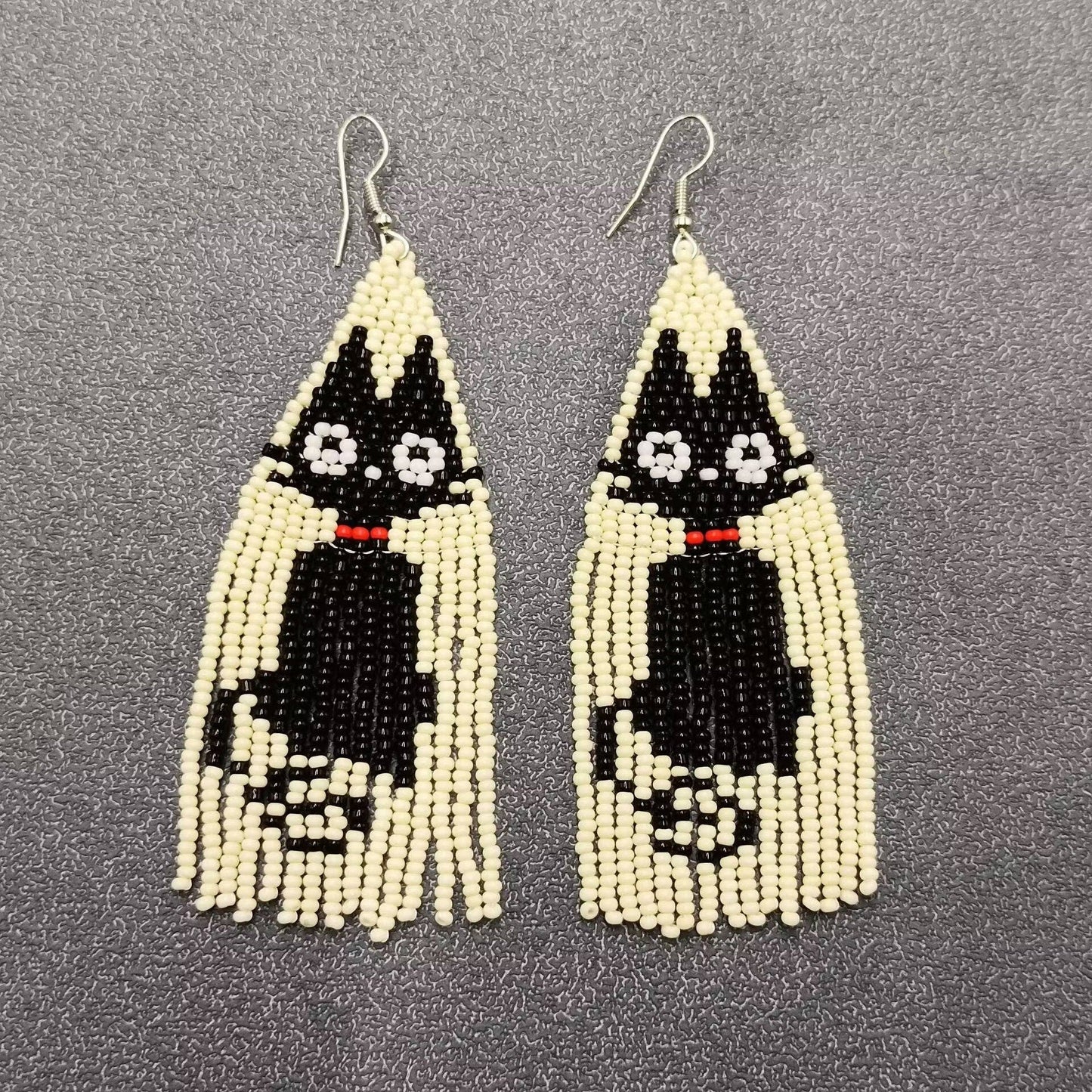 Black Cat Pattern Seed Beads Fringe Earrings