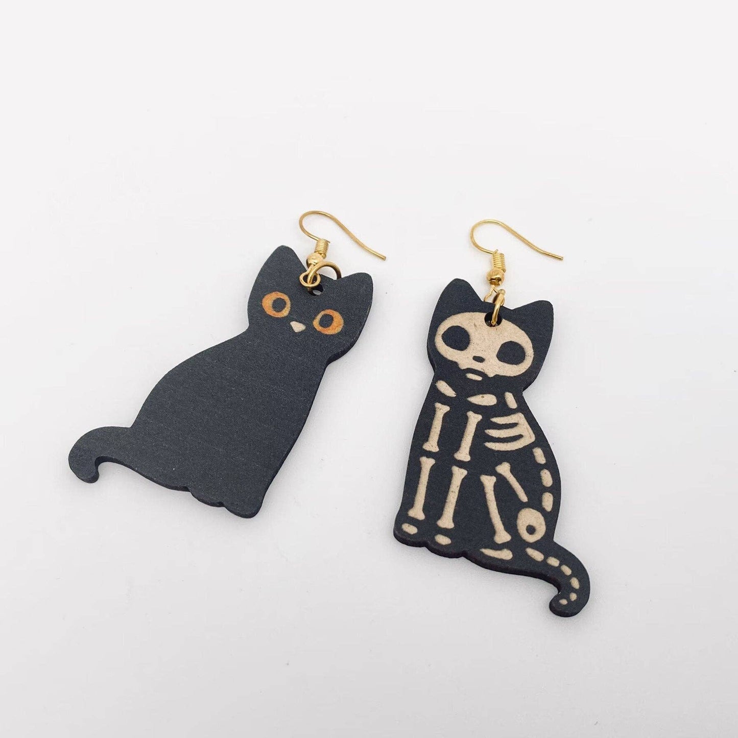 Double-sided Black Cat Skull Cat Wooden Earrings