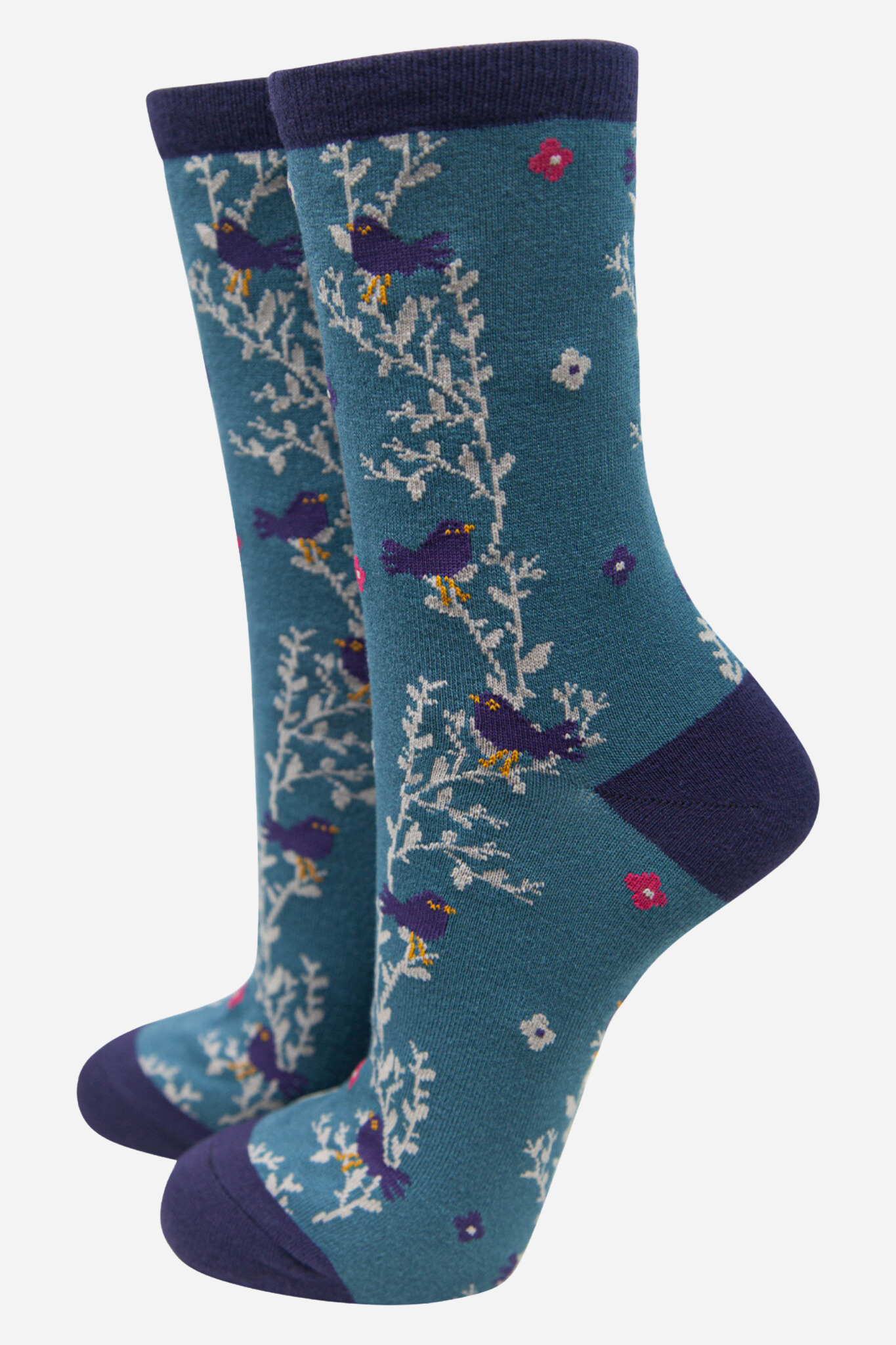 Women's Blackbird Vine Floral Print Ankle Socks Blue