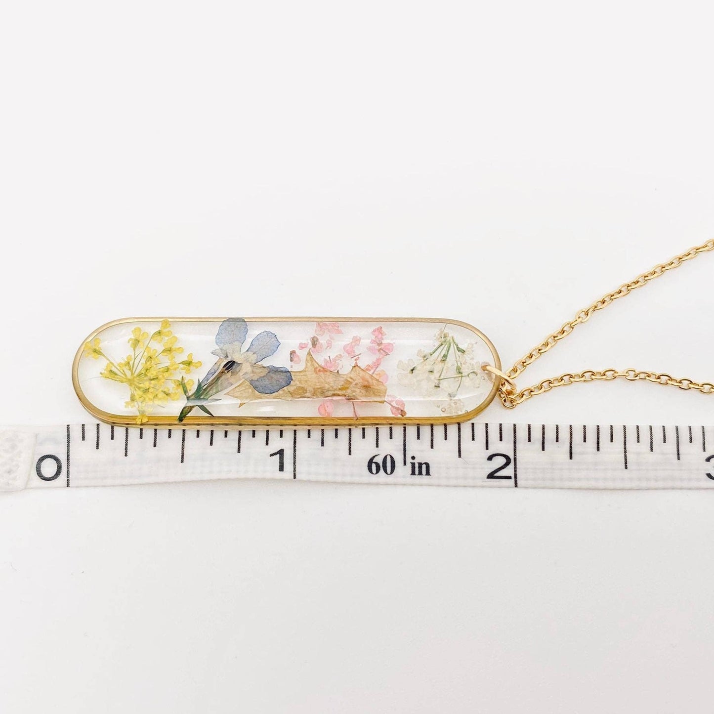Long Ellipse Charm Dried Flowers Stainless Steel Necklace