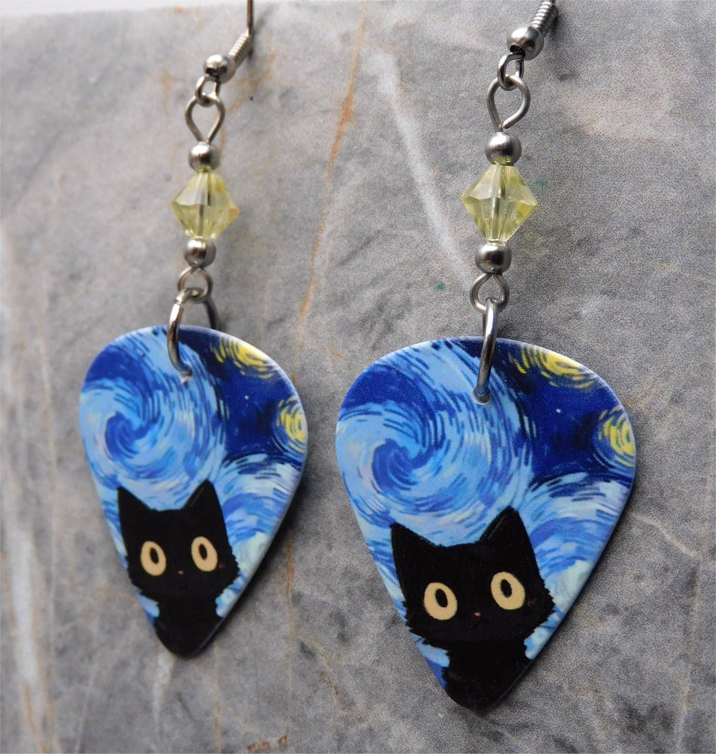 Wide Eyed Starry Night Black Cat Guitar Pick Earrings