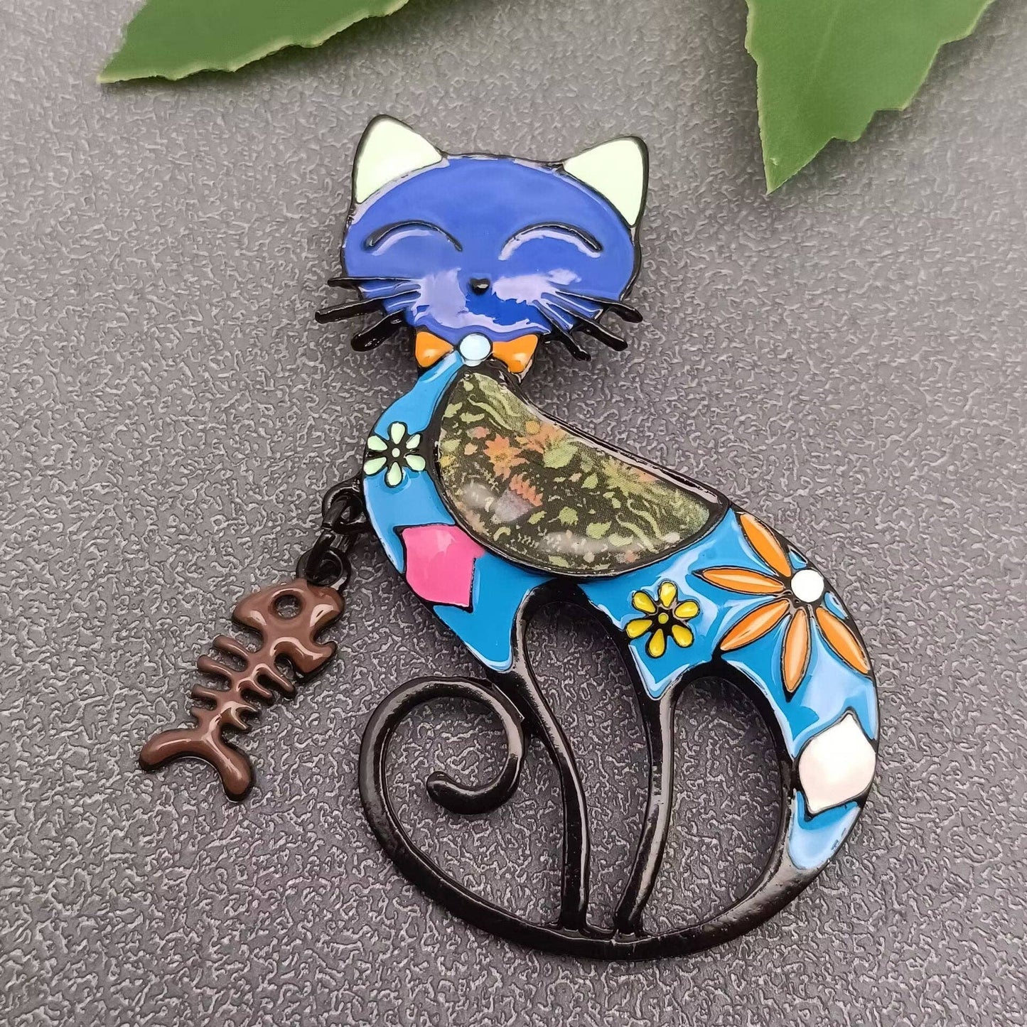Enamel Fishbone Charm Cat Brooch