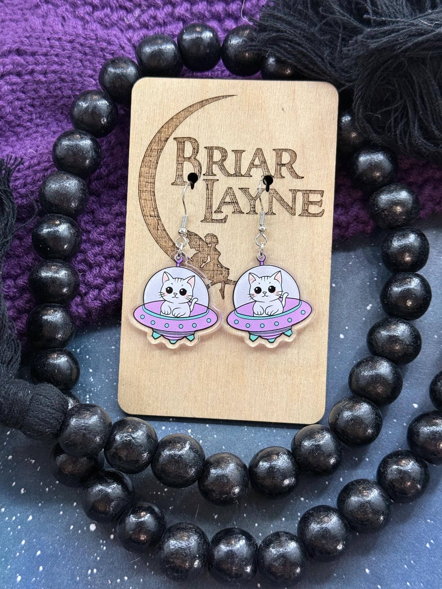 Space Cat and Spaceship Earrings for Booklovers