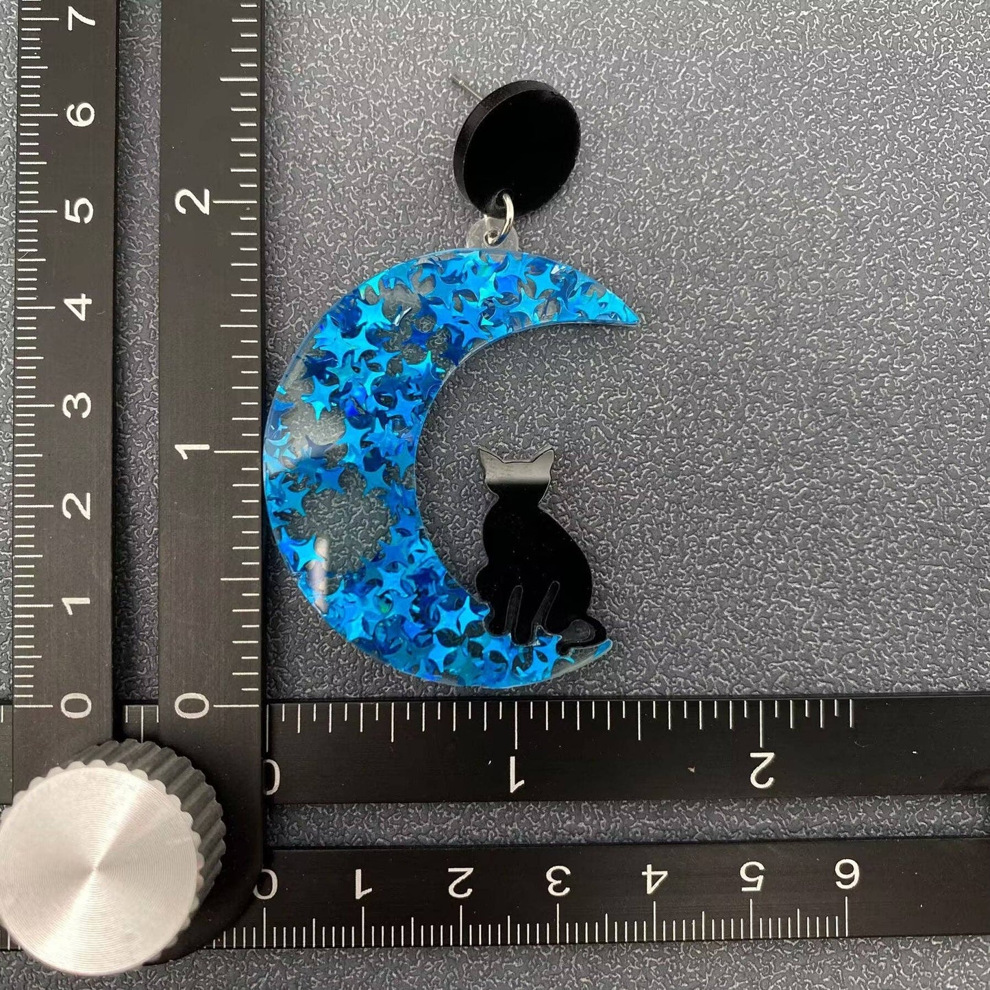 Black Cat On Blue Star Moon Dangle Earrings